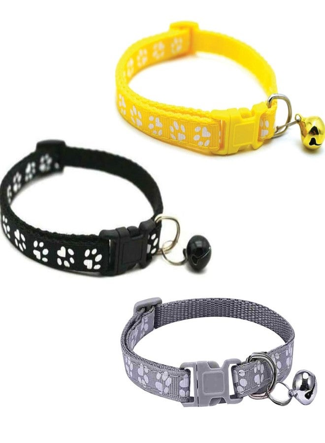 Litvibes Cat Collars Set of 3 with Bell,Kitten & Small Soft Adjustable Collar Safe,Solid Breakaway for Cats & Puppies,Cute Kitty Neckband with Paw Print- (Black,Yellow,Grey) - Image 1